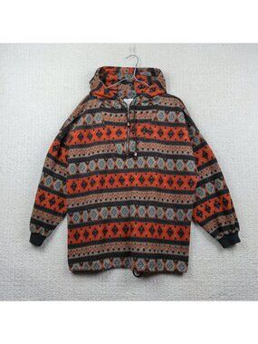 Vintage Aztec Sherpa Fleece Anorak Hoodie Orange Sz S Folk Boho Outdoor Gorp